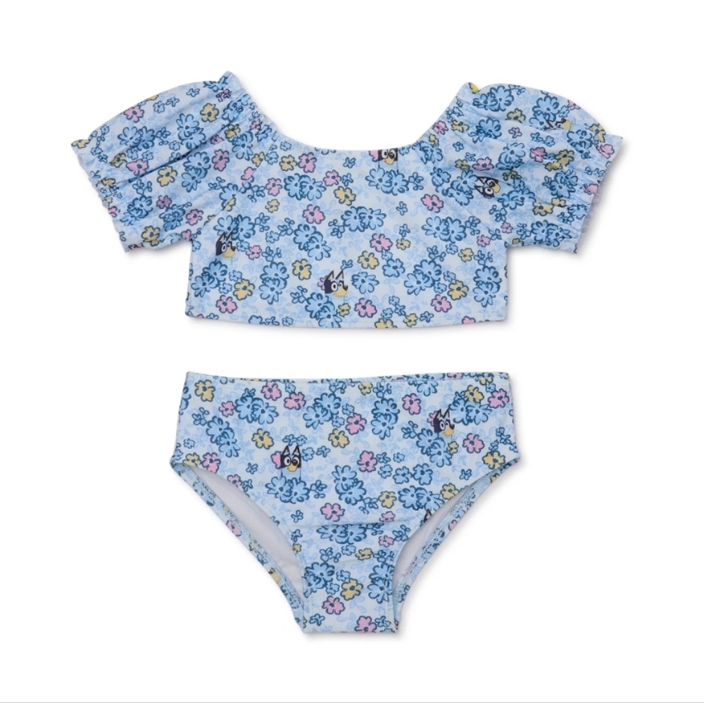 Bluey Toddler Girl Puff Sleevw Swimsuit, 2 Piece - Size 12M
